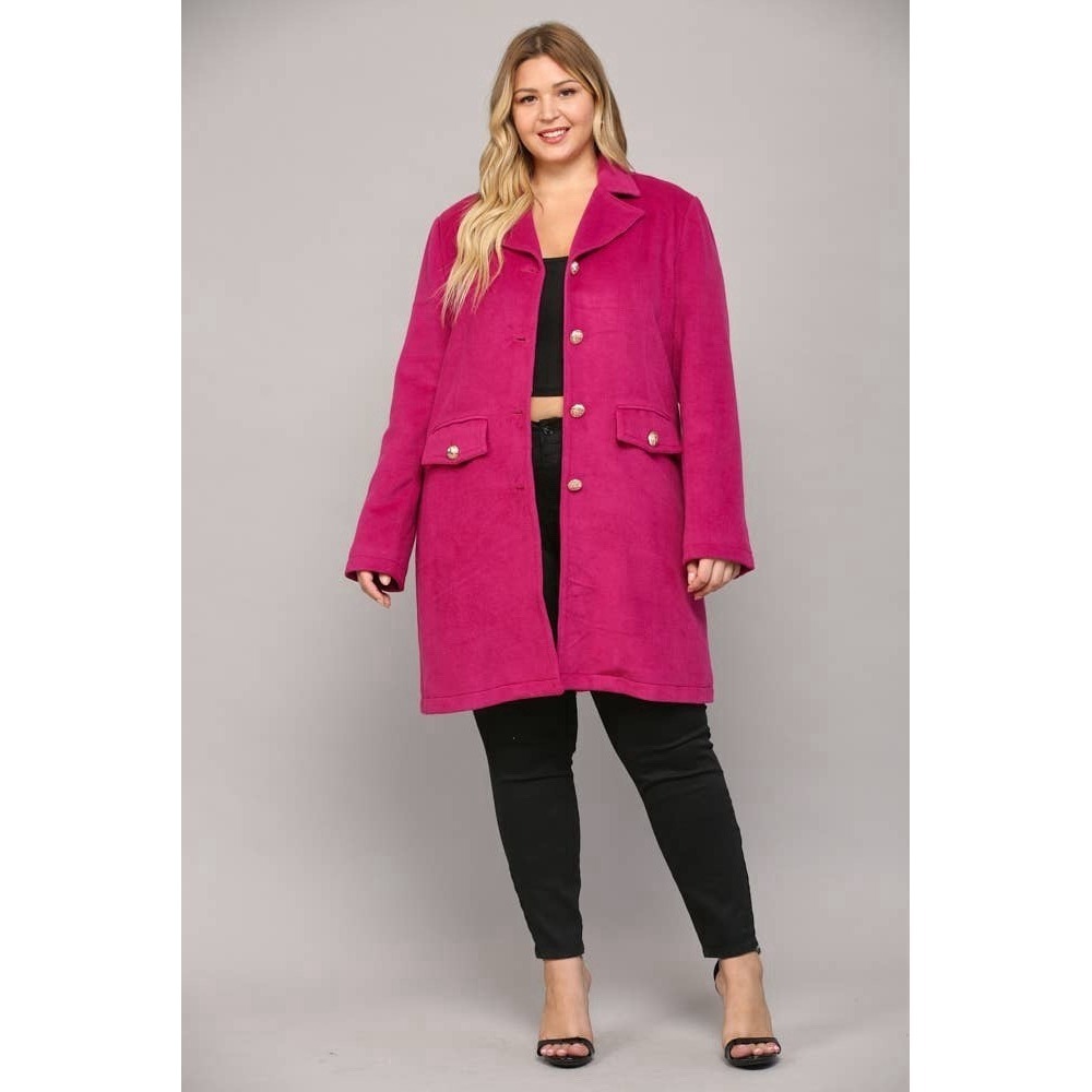 FATE Curve Fuchsia Pink Gold Buttons Medium Length Coat Womens Plus Size 1X NWT